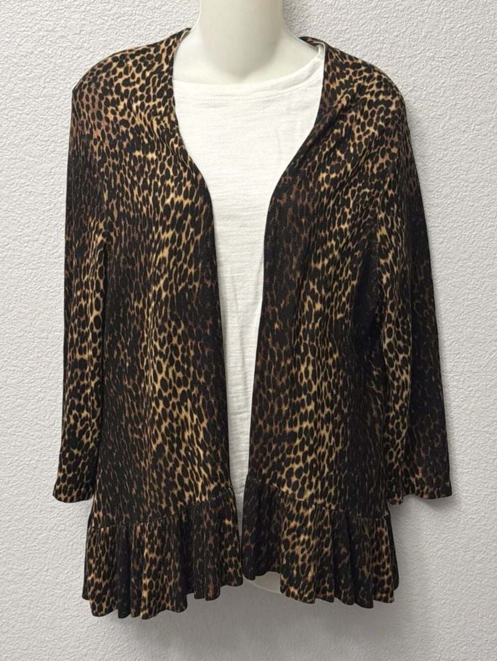 Chico's Leopard Print Ruffle Peplum Open Front Cardigan Size 2